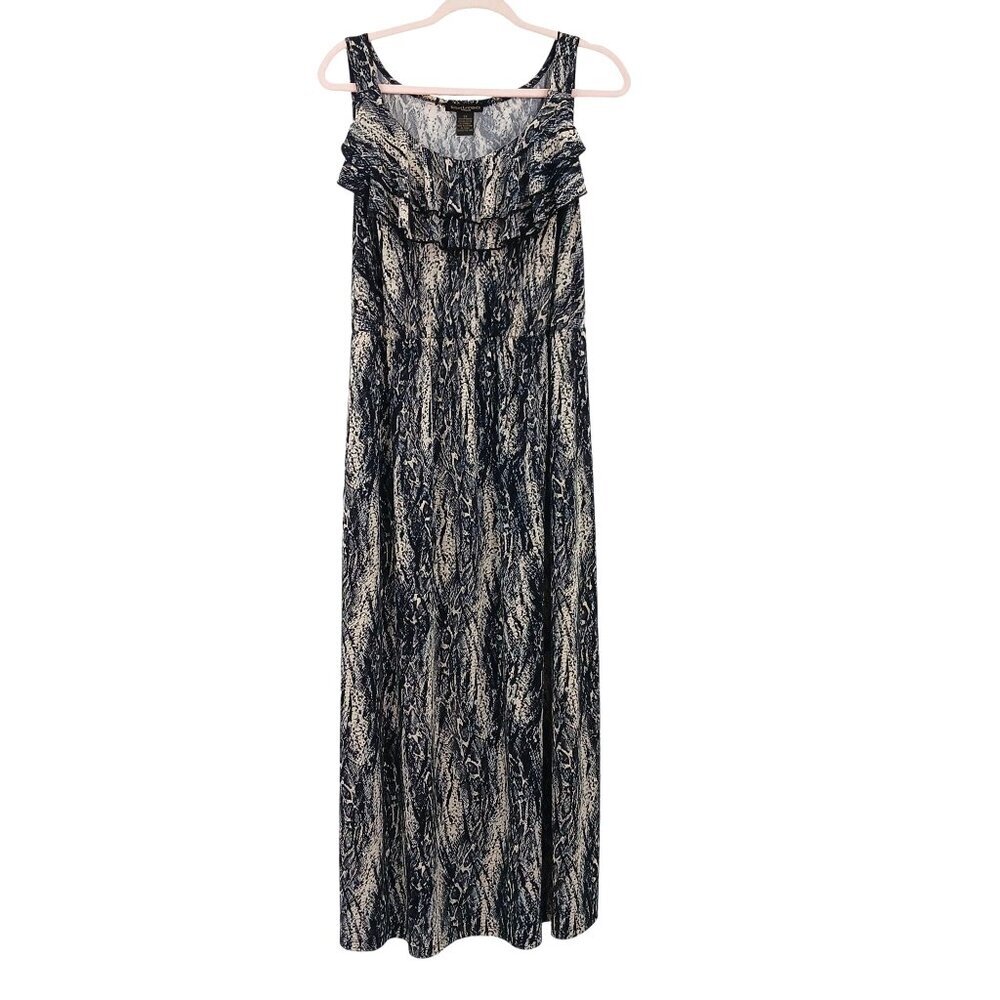 Susan Lawrence Maxi Dress 2X Black Beige Snakeskin Print